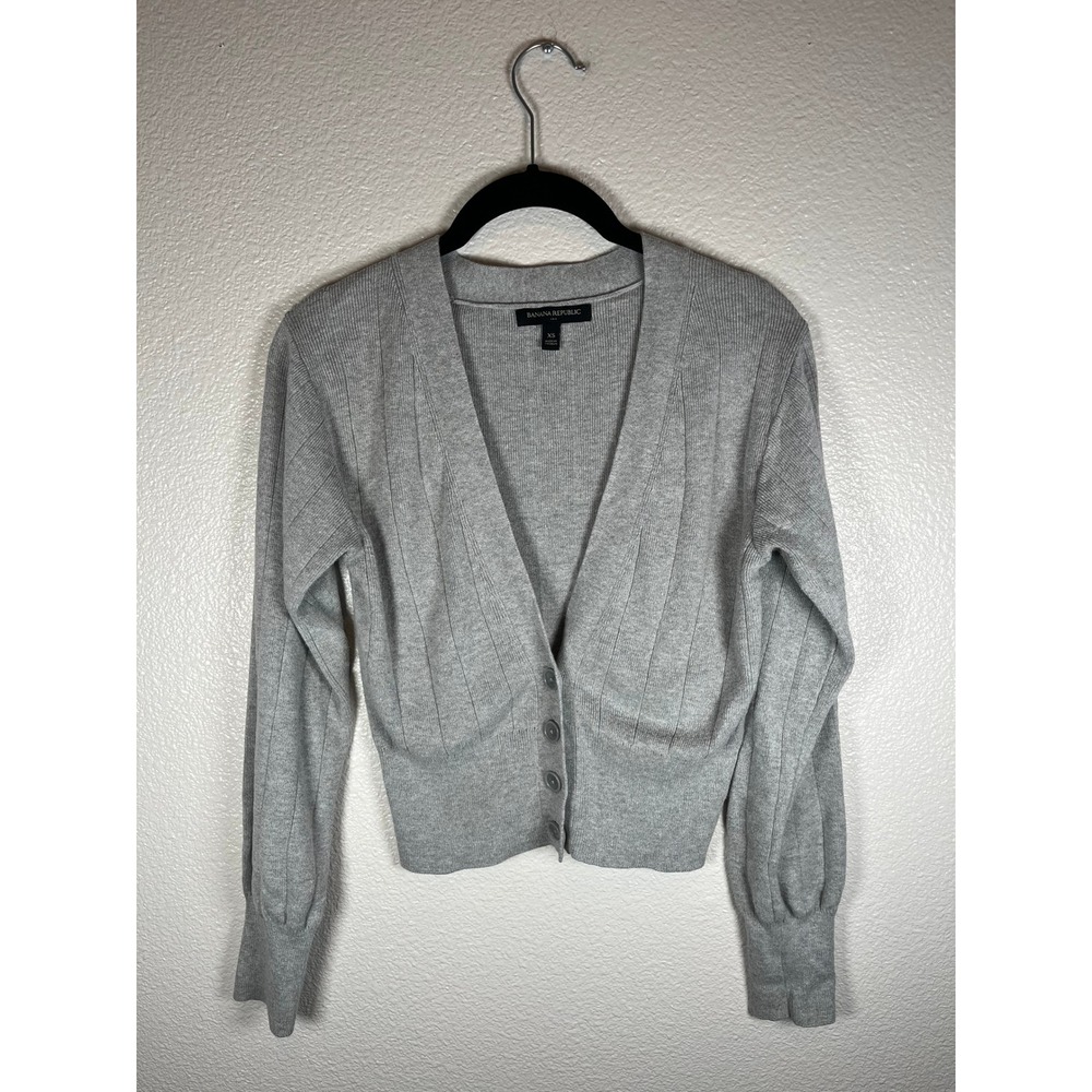 Banana Republic Ribbed V-Neck Cardigan Sweater Button Up Gray Extra Small - Picture 2 of 7